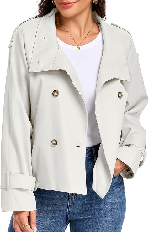 Womens Cropped Trench Coats Funnel Neck Breasted Fall Jacket with Pockets-Tactilefable