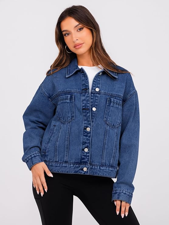 Womens Oversized Jean Jacket Casual Long Sleeve Button Down Denim Jacket Fall Coat-Tactilefable