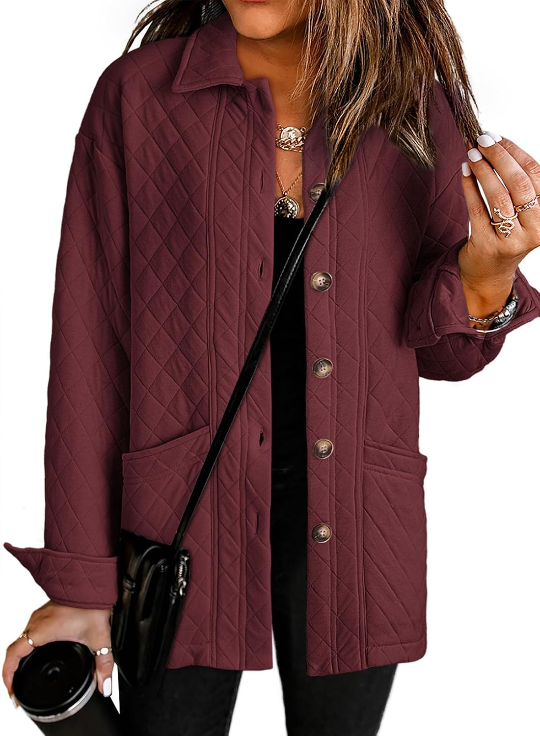 Quilted Jackets for Women Casual Lightweight Button Down Collared Long Sleeve Coats with Pockets-TACTILEFABLE