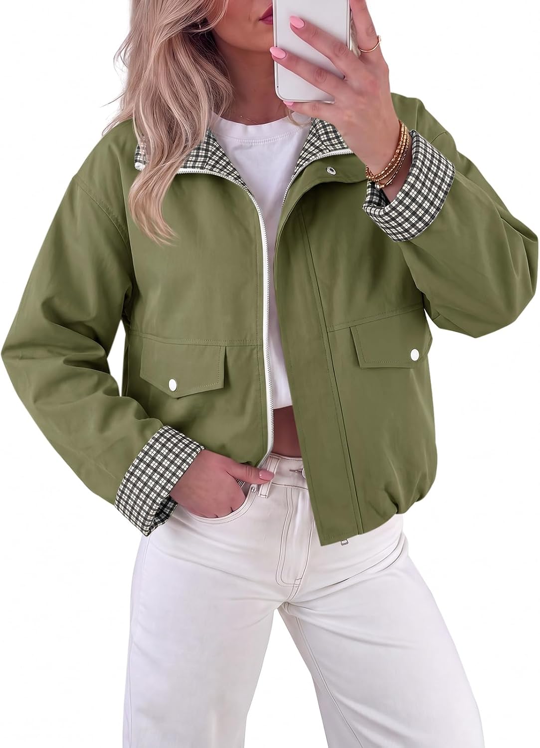 Womens Cropped Bomber Jacket Plaid Lightweight Fall Jacket-Tactilefable