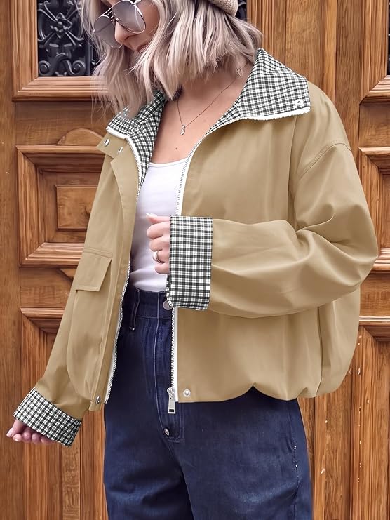 Womens Cropped Bomber Jacket Plaid Lightweight Fall Jacket-Tactilefable