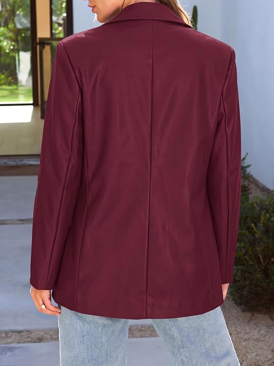 Faux Leather Jacket Women Loose Casual Blazer With Flap Pockets-Tactilefable