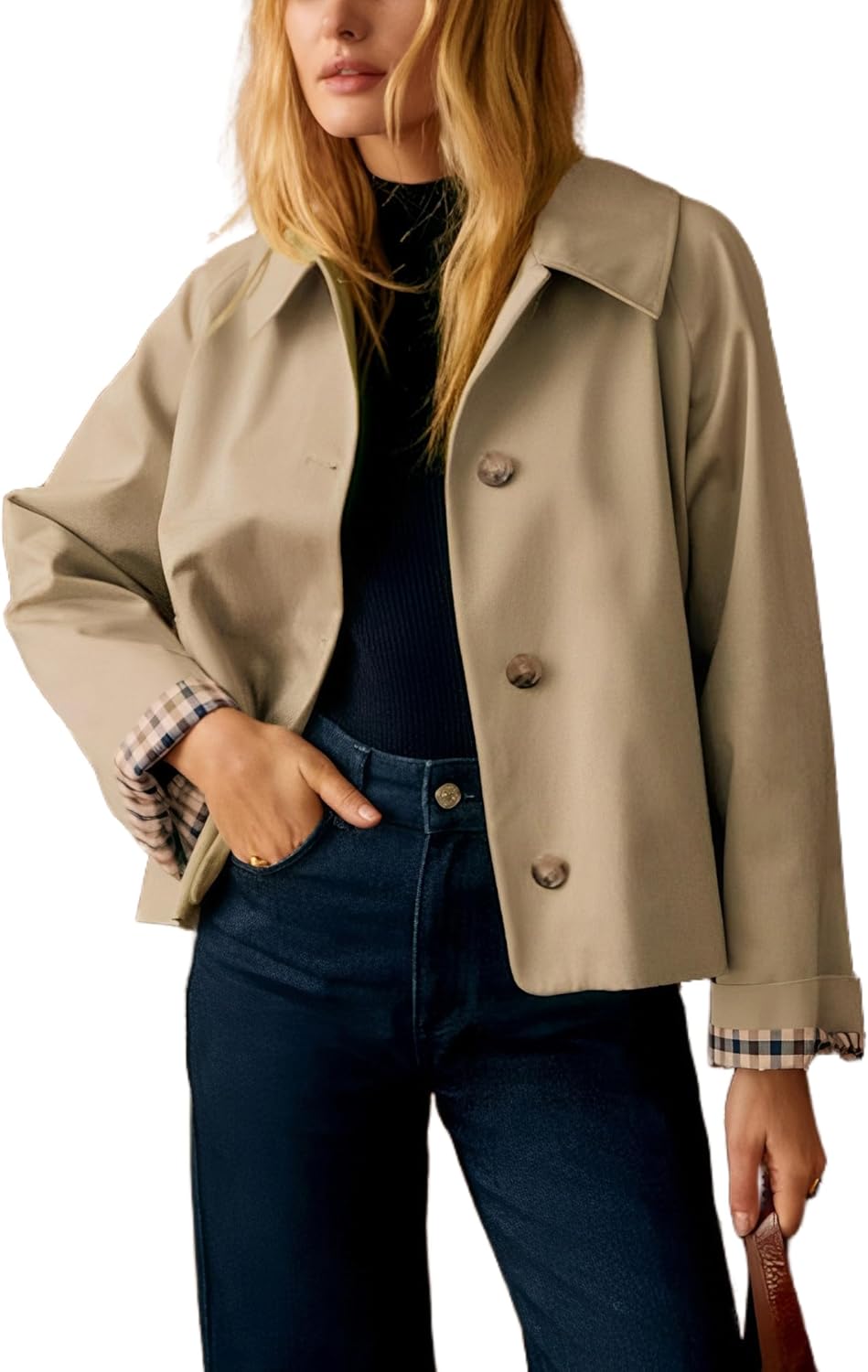 Womens Short Trench Jacket Plaid Lining Button Front Lightweight Classic Casual Outerwear with Pockets-TACTILEFABLE