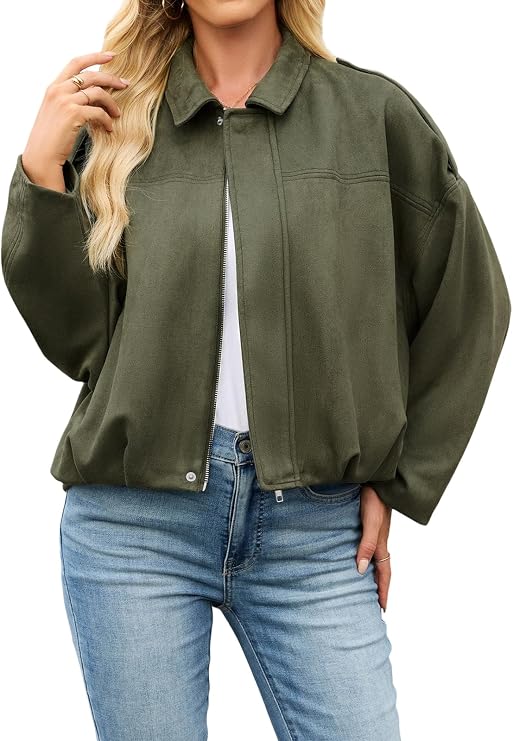 Womens Bomber Jacket Faux Suede Casual Cropped Pilot Coat Lapel Collar Causal Oversized Trendy Outwear-TACTILEFABLE