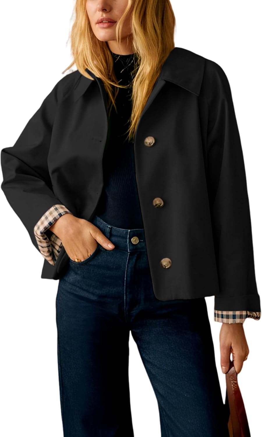 Womens Short Trench Jacket Plaid Lining Button Front Lightweight Classic Casual Outerwear with Pockets-TACTILEFABLE