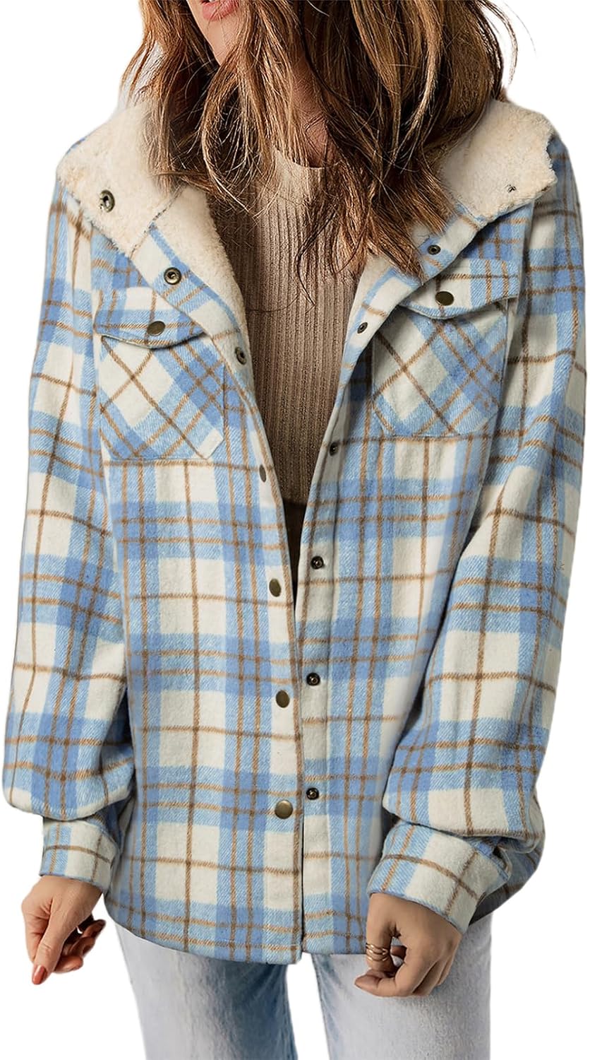 Womens Plaid Shacket Jacket Warm Fleece Hooded Jackets Winter Coats-Tactilefable