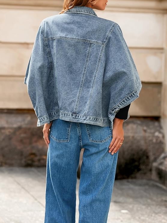 Womens Jean Jacket Oversized Cropped Denim Cape Jacket-Tactilefable