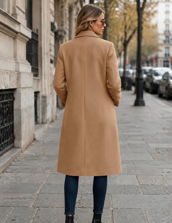 Women Winter Wool Coat Notch Lapel Single-Breasted Mid Long Peacoat-Tactilefable