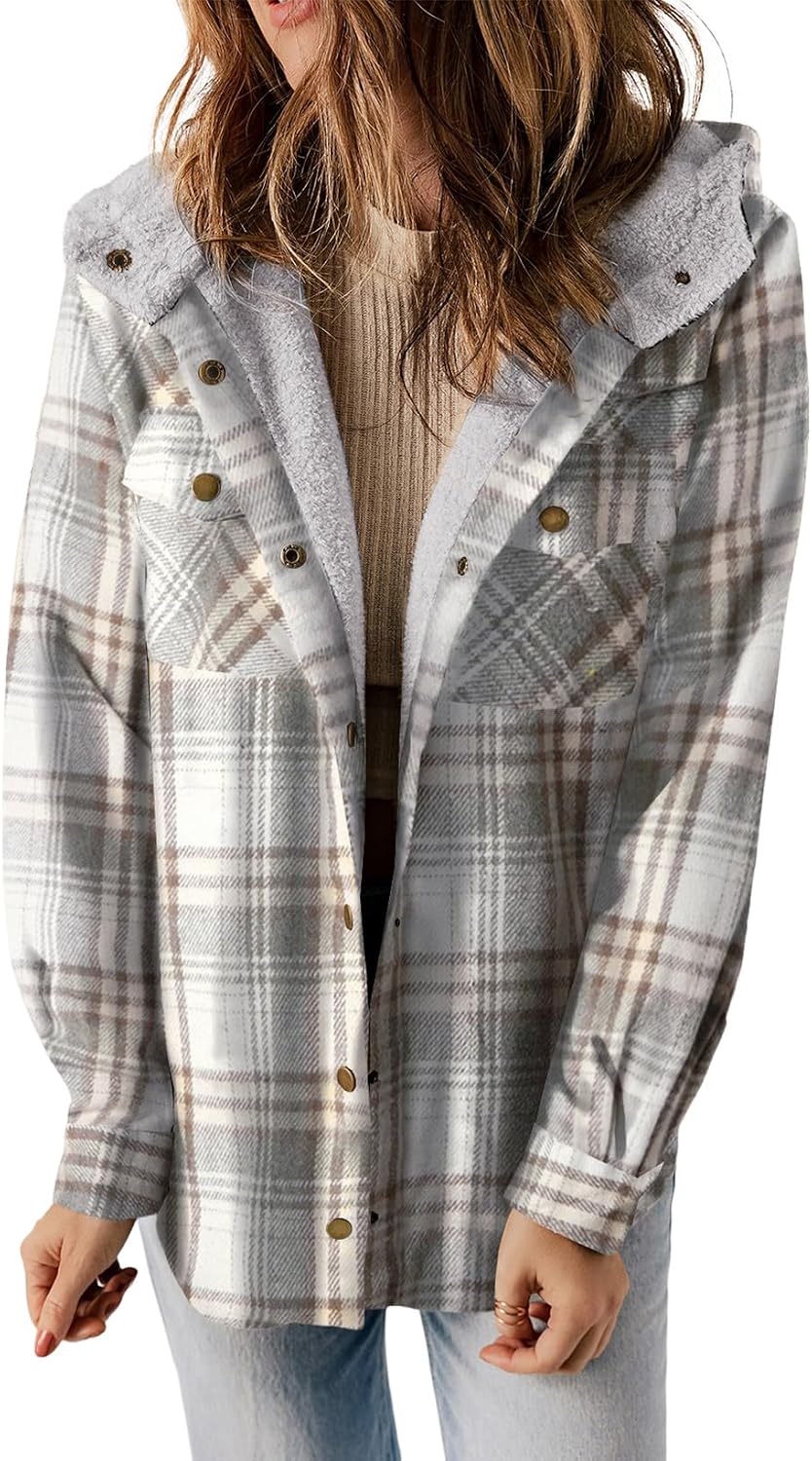 Womens Plaid Shacket Jacket Warm Fleece Hooded Jackets Winter Coats-Tactilefable