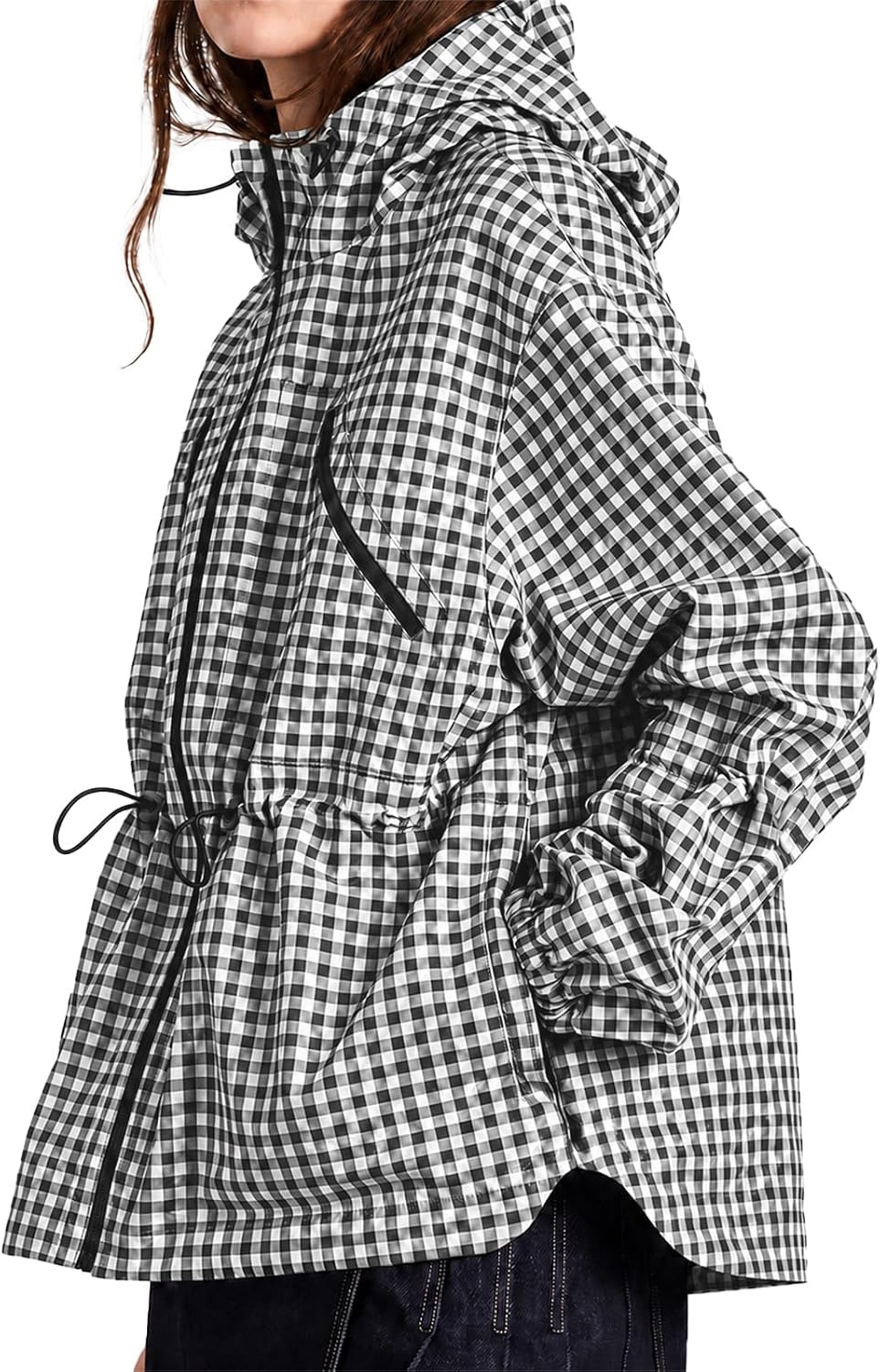 Womens Rain Jacket Waterproof Plaid Raincoat Hooded Windbreaker-Tactilefable
