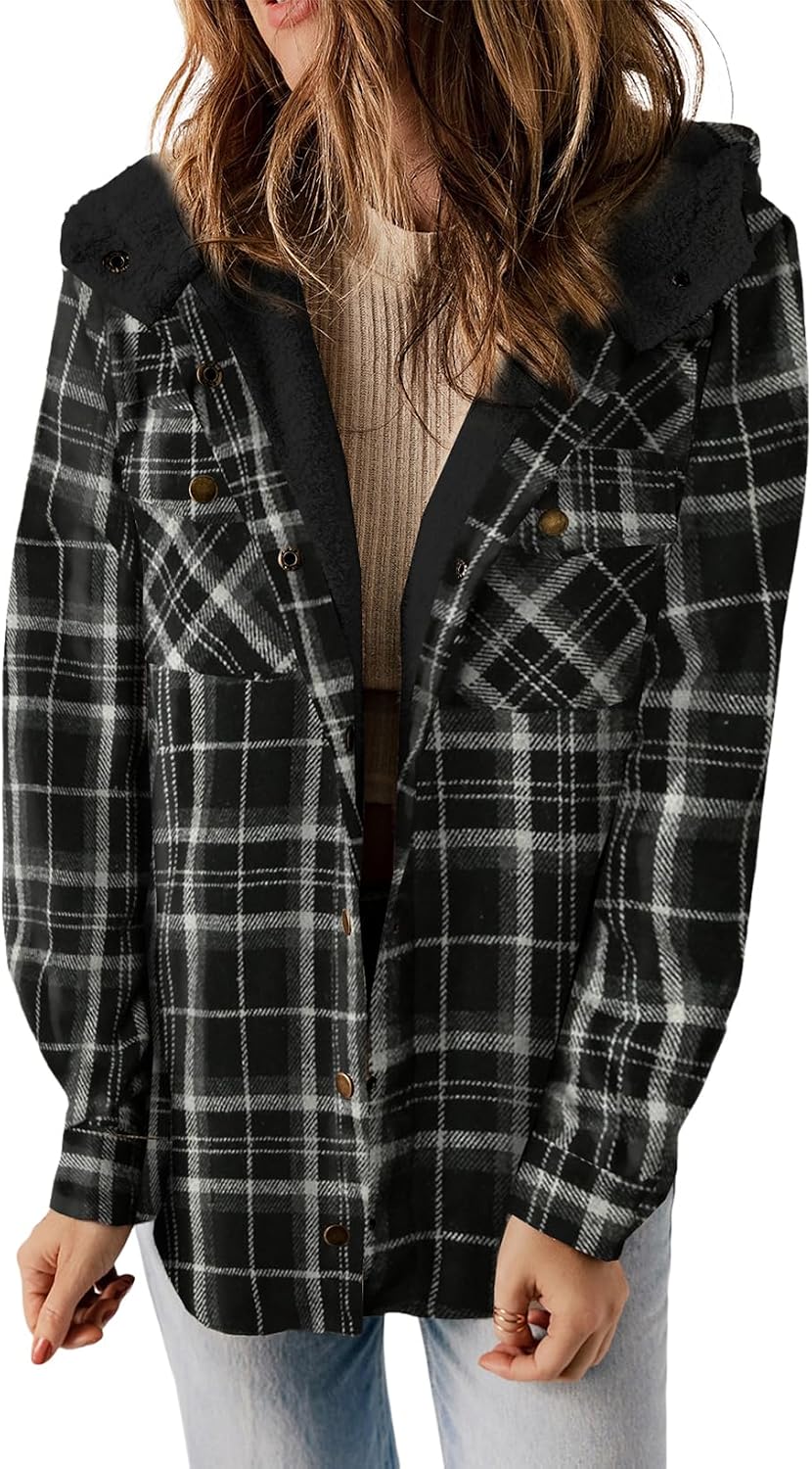 Womens Plaid Shacket Jacket Warm Fleece Hooded Jackets Winter Coats-Tactilefable