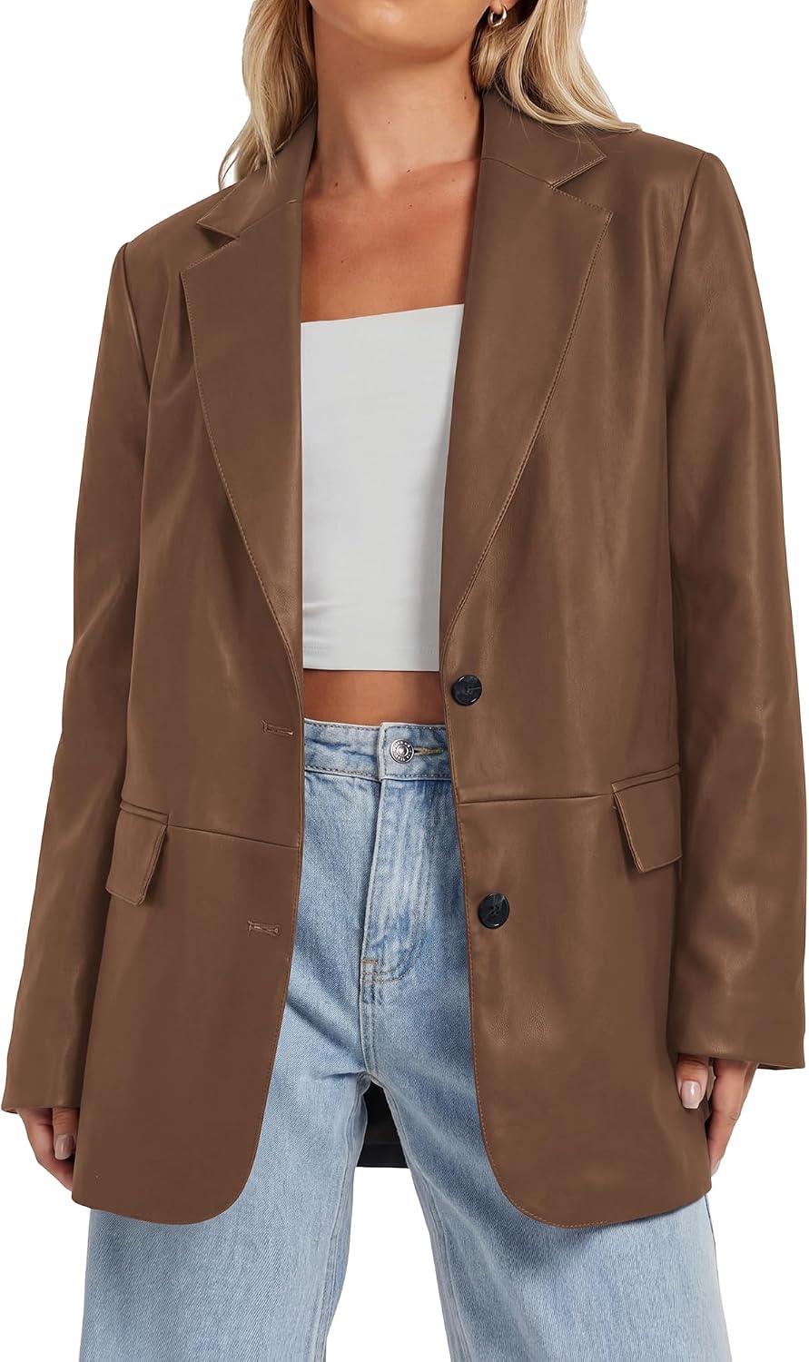 Faux Leather Jacket Women Loose Casual Blazer With Flap Pockets-Tactilefable