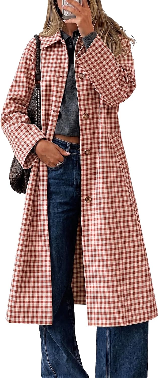 Womens Plaid Trench Coat Fall Lapel Single Breasted Long Jacket-Tactilefable