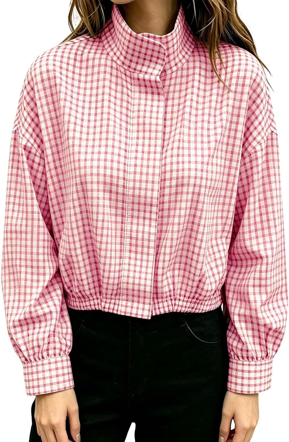 Funnel Neck Jacket for Women Gingham Zip Up Bomber Jacket-Tactilefable