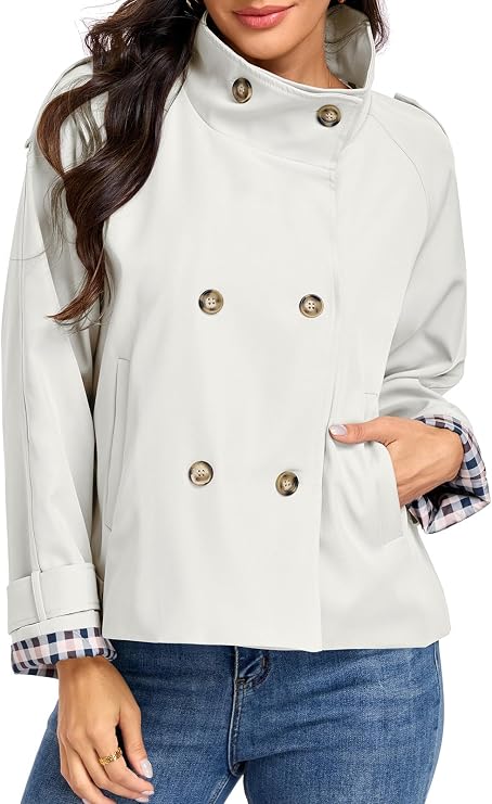Womens Cropped Trench Coats Funnel Neck Breasted Fall Jacket with Pockets-Tactilefable