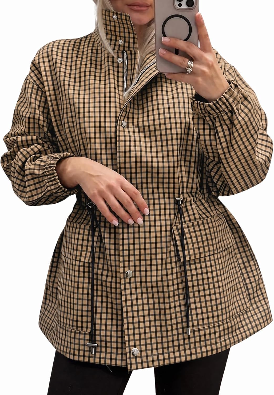Womens Plaid Zip Up Jackets Casual Fall Windproof Trench Coats-Tactilefable