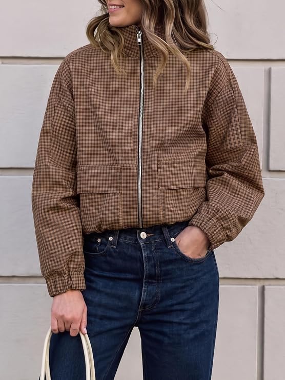 Womens Cropped Plaid Jacket Zip Up Lightweight Casual Coat with Pockets-Tactilefable