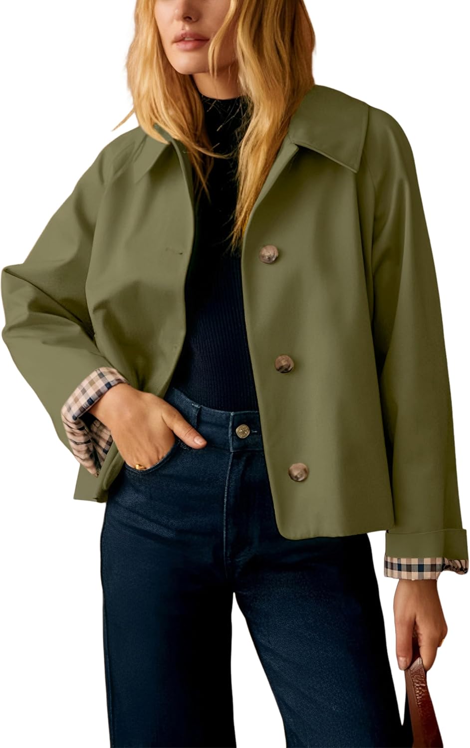 Womens Short Trench Jacket Plaid Lining Button Front Lightweight Classic Casual Outerwear with Pockets-TACTILEFABLE