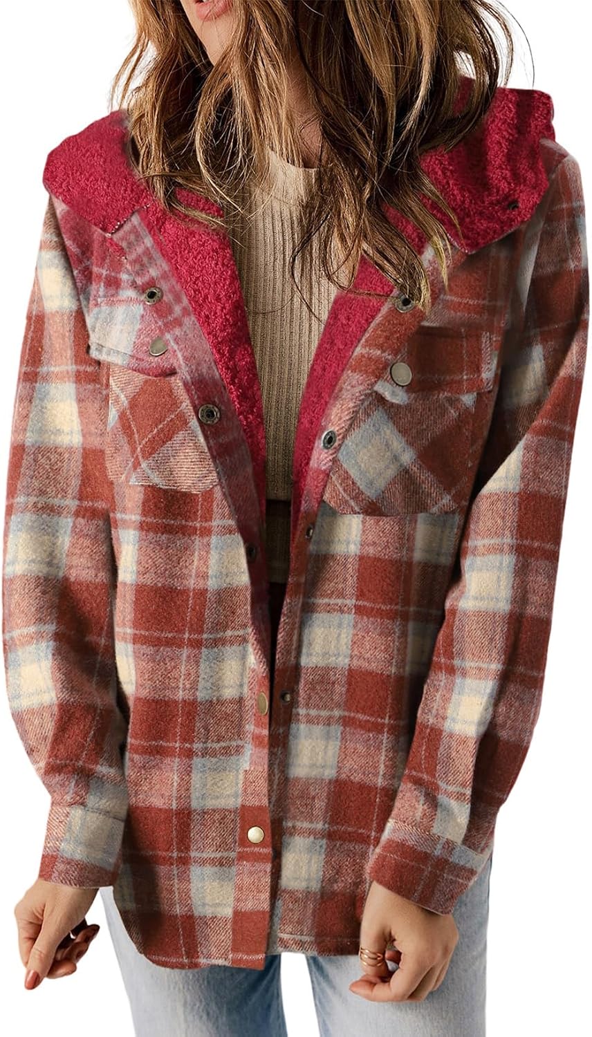Womens Plaid Shacket Jacket Warm Fleece Hooded Jackets Winter Coats-Tactilefable