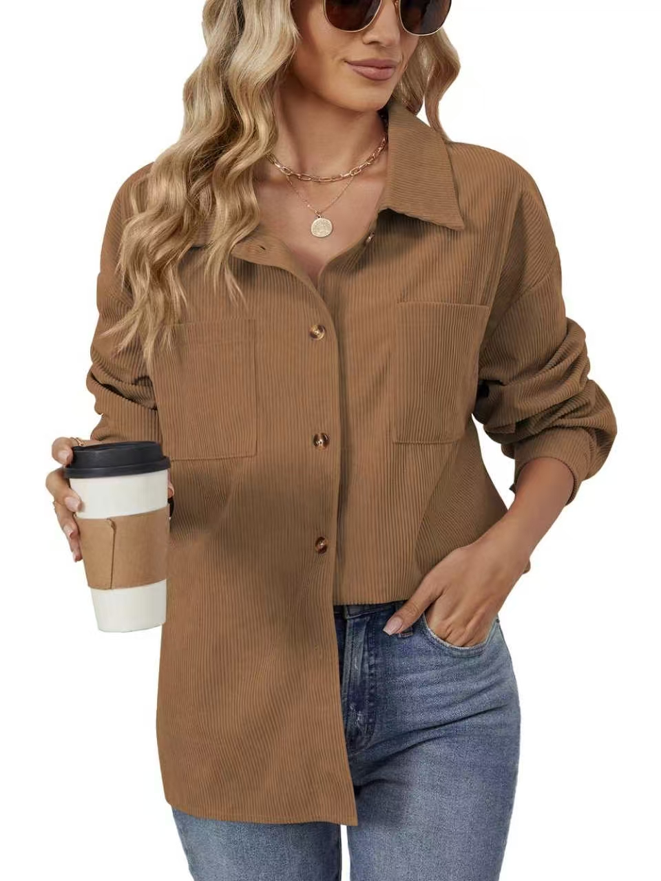 Women Loose Mid-Length Corduroy Shirt, Lapel Button Down Casual Fall Tunic Top-Tactilefable
