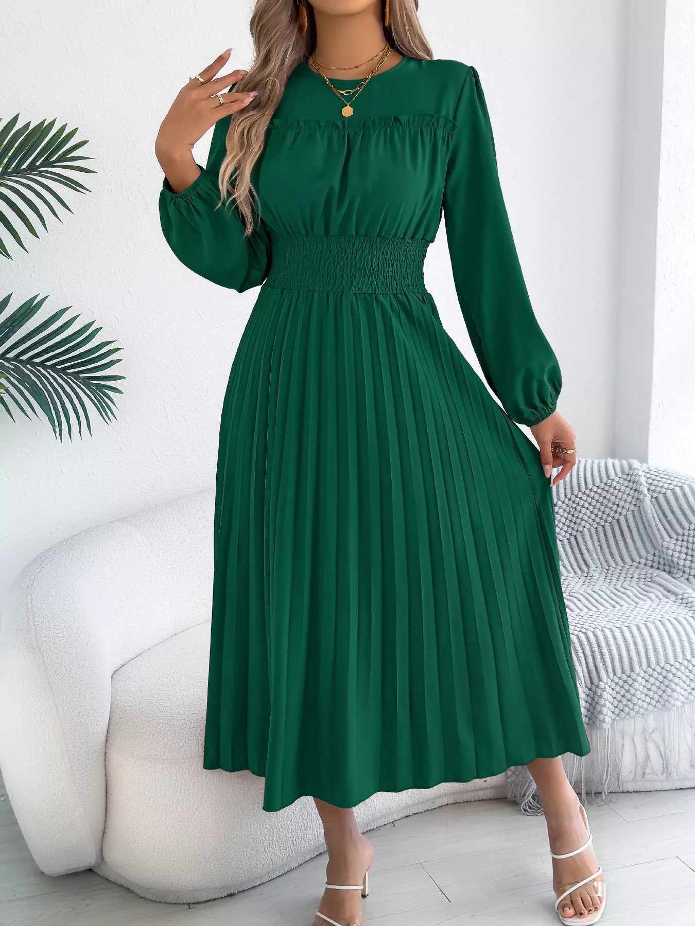 Pleated Waist-Defined Midi Dress | 3 Colors | Poundton-Tactilefable