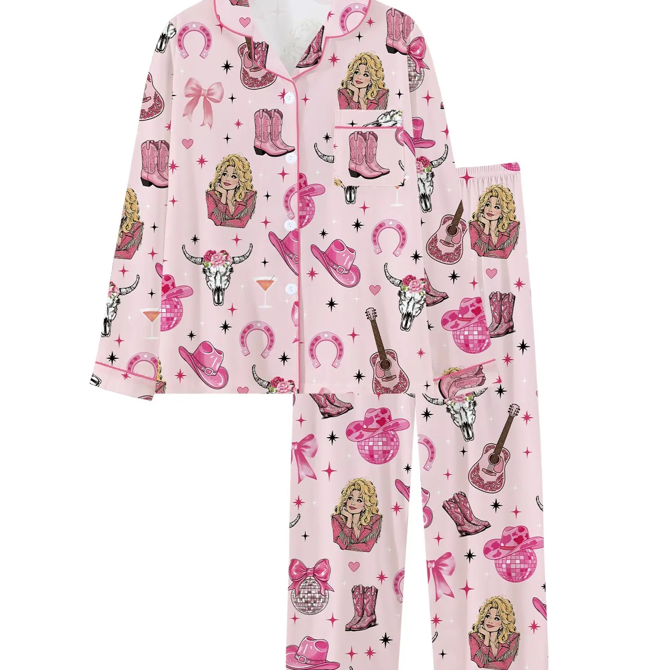Country Music Cowgirl 2-Piece Pajama Set in Pink Knit for Fall Winter