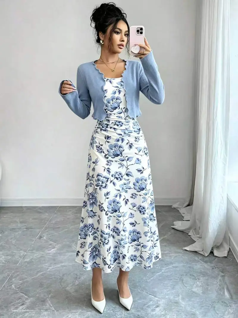 Women's Elegant Knit Cardigan + Slim Fit Halter Dress Two-Piece Set, Stylish for Daily Wear, Casual Wear, Comfortable and Chic Fashion Women's Elegant Knit Cardigan + Slim Fit Halter Dress Two-Piece Set, Stylish for Daily Wear, Casual Wear, Comfortable and Chic Fashion
