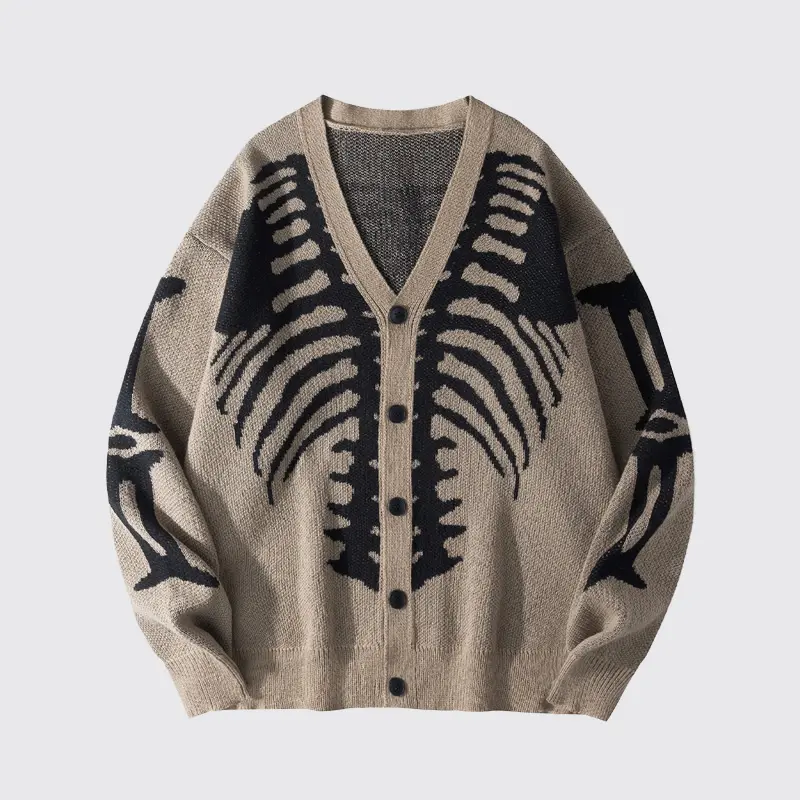 Women's Skeleton Print Knit Cardigan V-Neck Drop-Shoulder Sweater for Casual Wear-Tactilefable