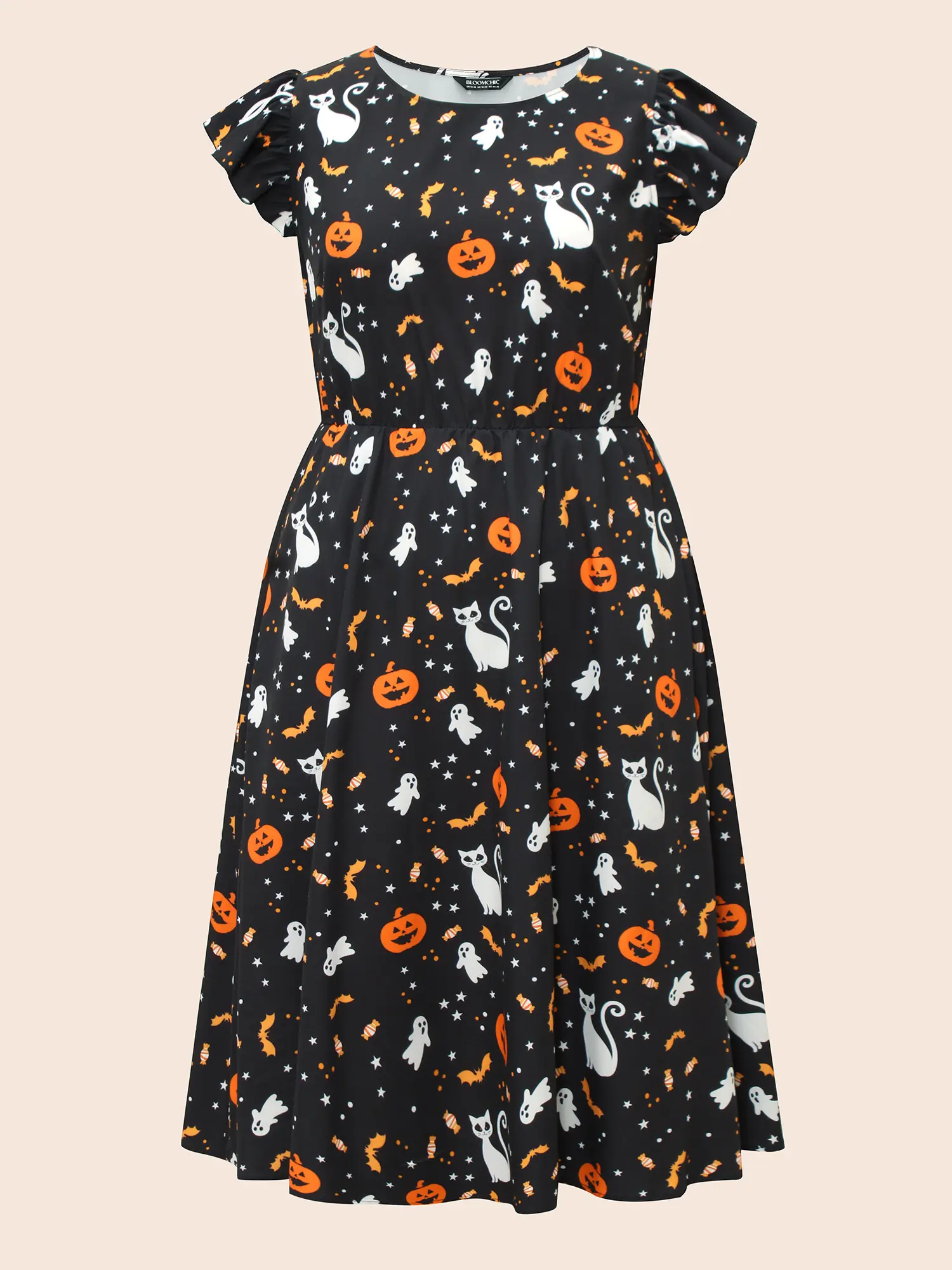 Pumpkin Printed Ruffle Sleeve Midi Dress for Women Casual Halloween-Tactilefable