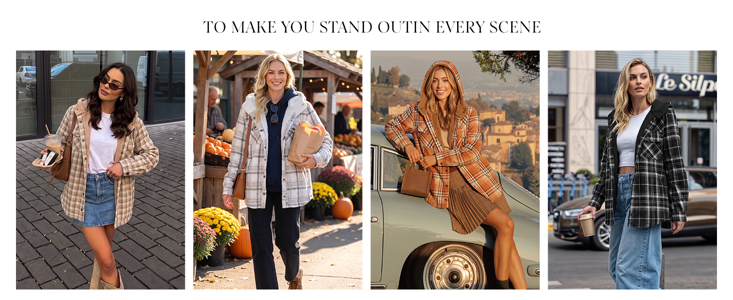 Womens Jackets Winter Plaid Hooded Shacket Flannel Shirt