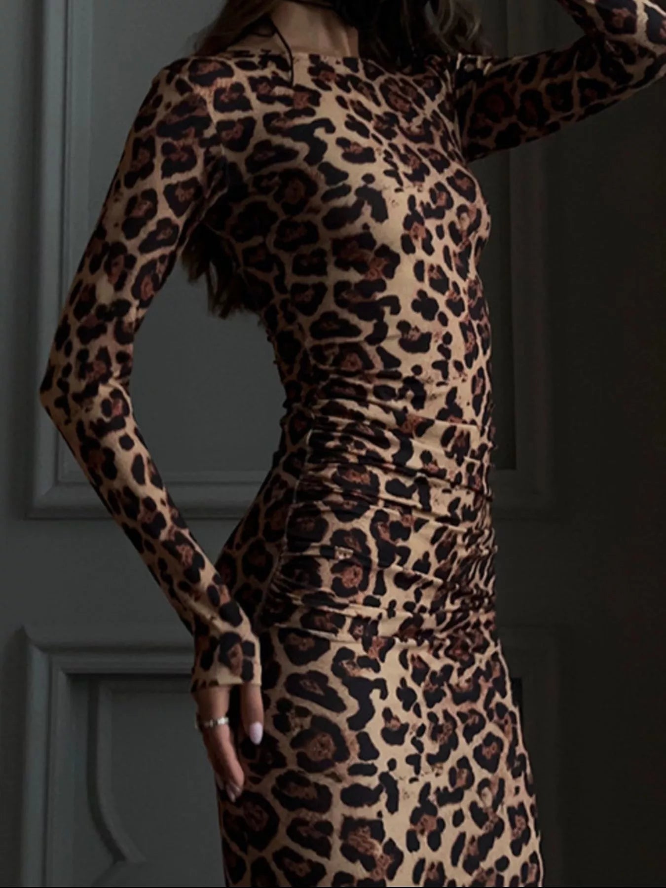 Savannah Noir Leopard Ruched Midi Dress-Tactilefable