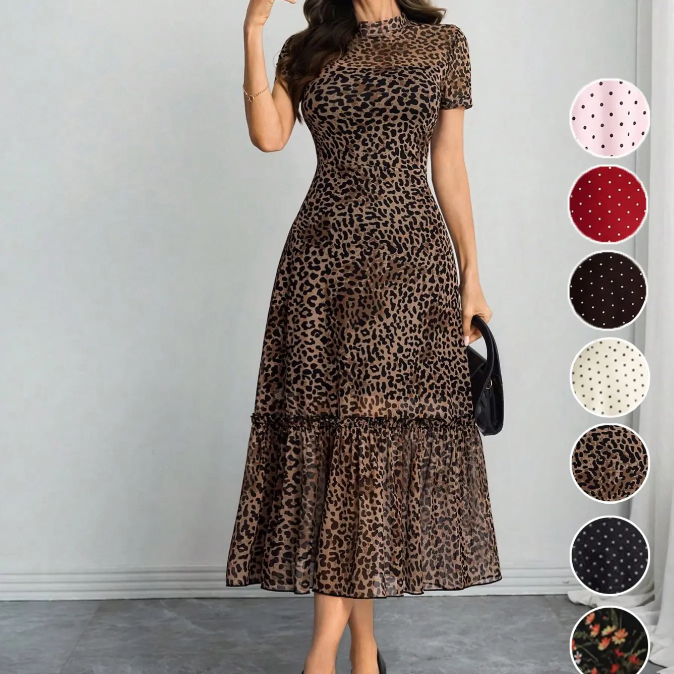 Vestido Midi de Malla con Estampado y Cuello Alto