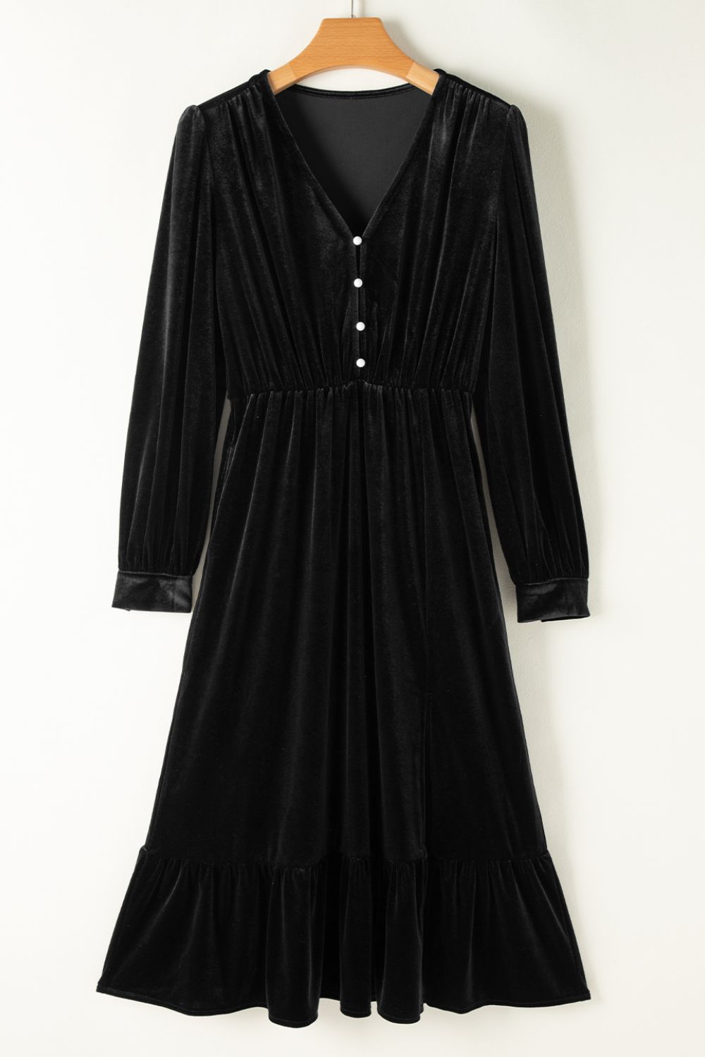 Ruffle Hem Slit V-Neck Long Sleeve Dress | 2 colors | Poundton-Tactilefable