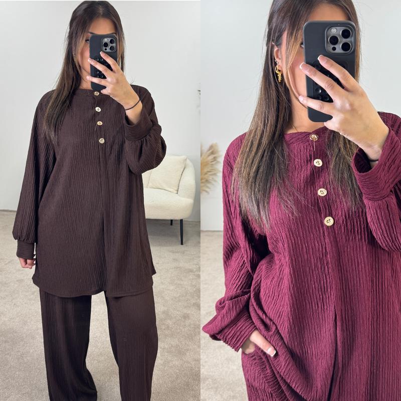 Crinkle Plissé Button-Up Top & Wide-Leg Trouser Set