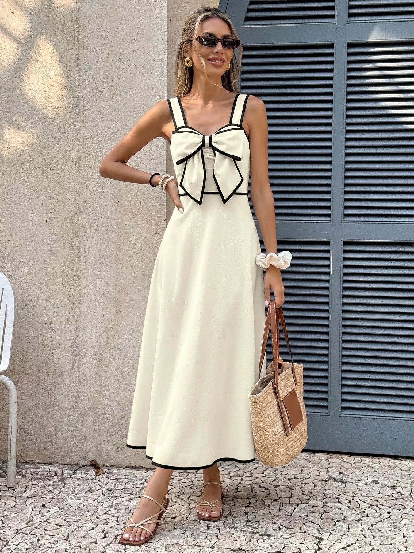 Bow-Trim A-Line Midi Dress-Tactilefable