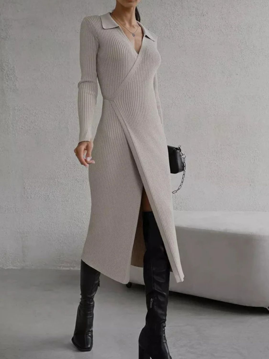 Maya Tied Collared Neck Long Sleeve Sweater Dress | 3 Colors | Poundton-Tactilefable