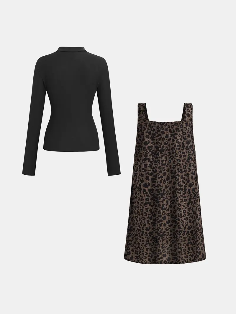 Women's High Neck Inner Layer + Leopard Print Strap Skirt Set, Casual Daily Spring Autumn Commuter, Two-Piece Ensemble, Top And Skirt Set