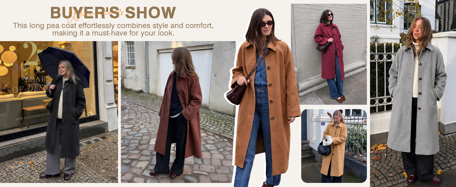 Tankaneo Womens Long Pea Coats Winter Lapel Single Breasted Overcoats