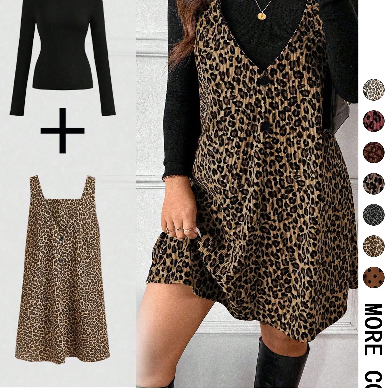 Women's High Neck Long Sleeve Inner Layer & Leopard Print Strap Skirt Matching Set