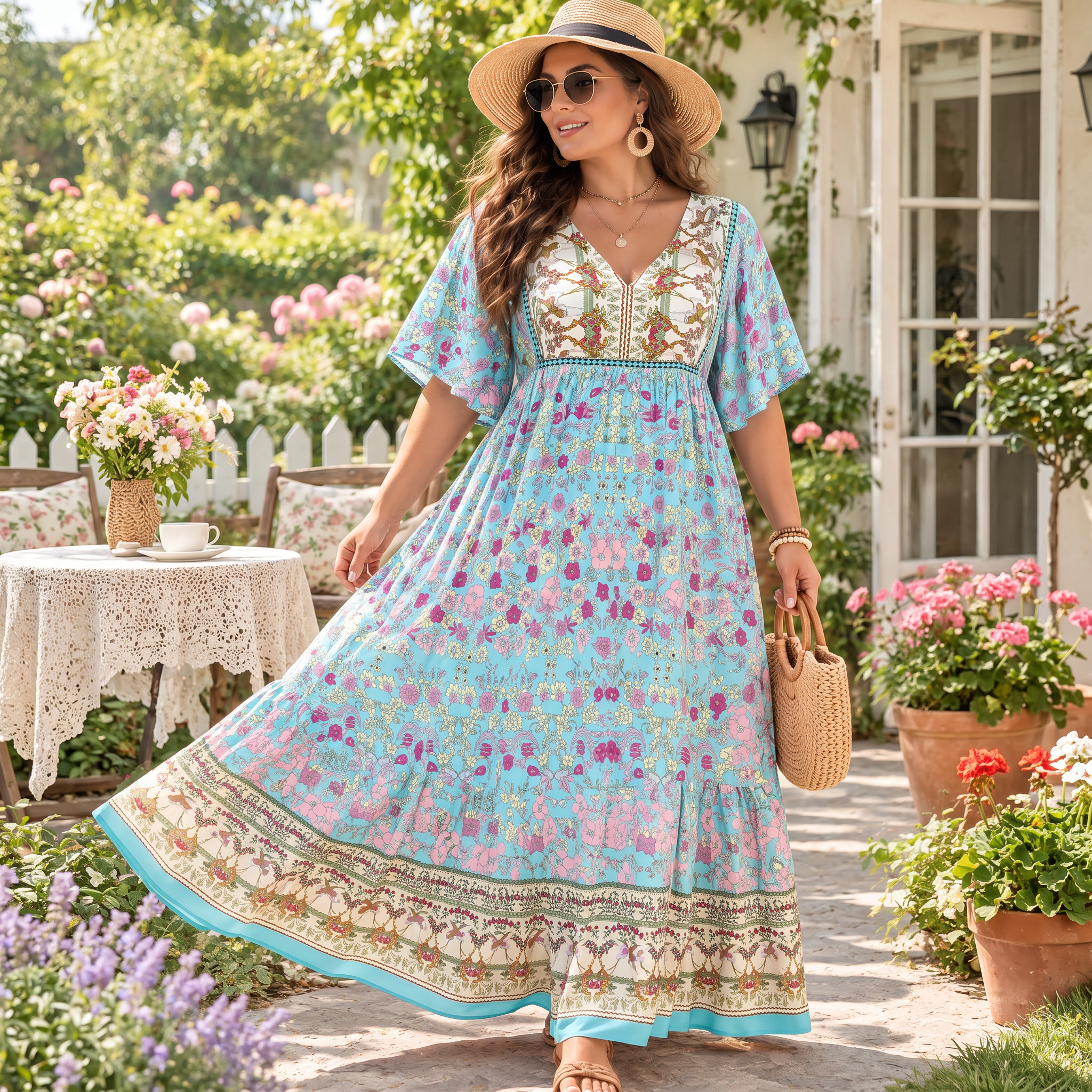 Floral Boho V-Neck Flutter Sleeve Maxi Dress-Tactilefable