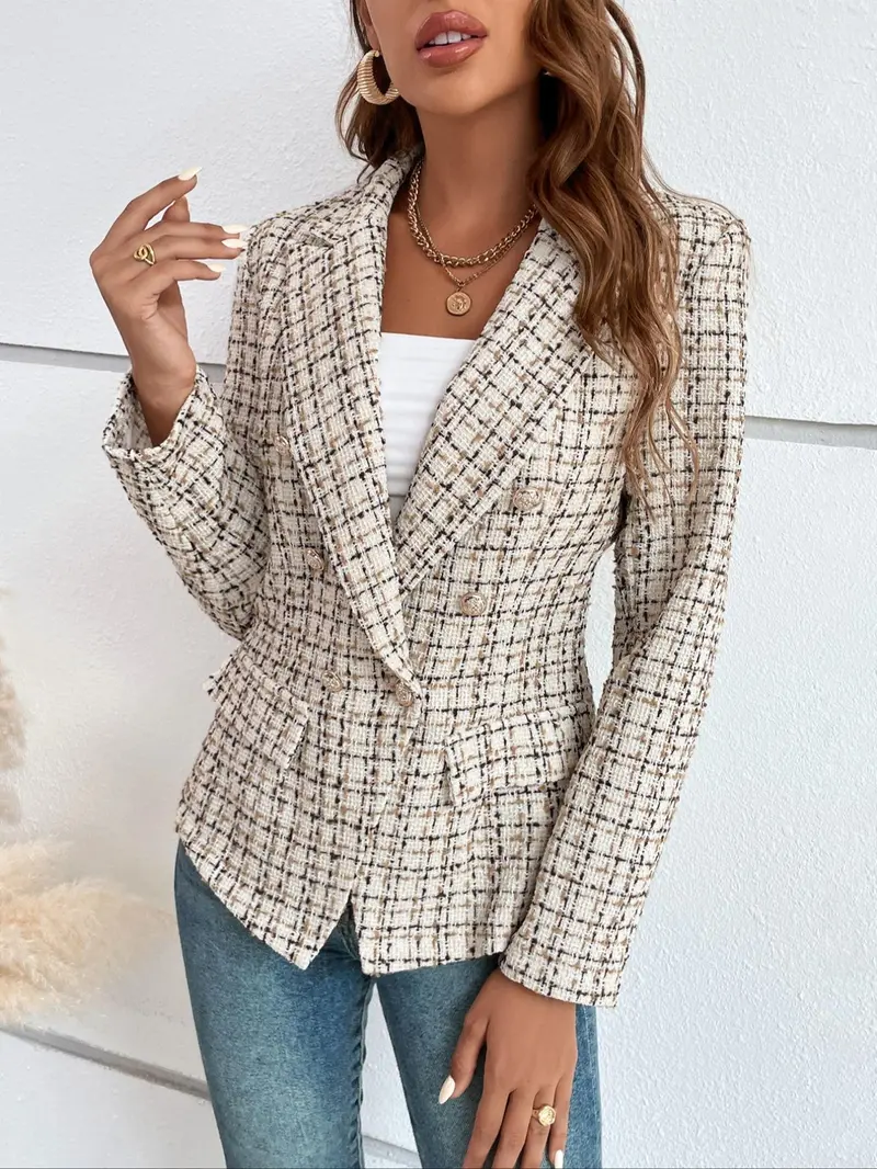 Women's Plaid Print Double Button Flap Detail Lapel Trendy Fashion Blazer, Casual Long Sleeve Outerwear for Fall & Winter, Ladies Clothes for Work Office Business, Elegant
