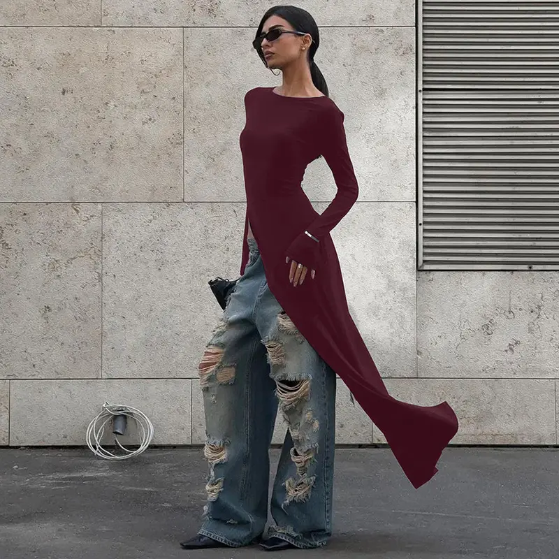 Women's Plain Asymmetrical Split Hem Slit Design Boat Neck Dress, Casual Long Sleeve Dress for Spring & Fall, Women's Clothing for Daily Wear Women's Plain Asymmetrical Split Hem Slit Design Boat Neck Dress, Casual Long Sleeve Dress for Spring & Fall, Women's Clothing for Daily Wear