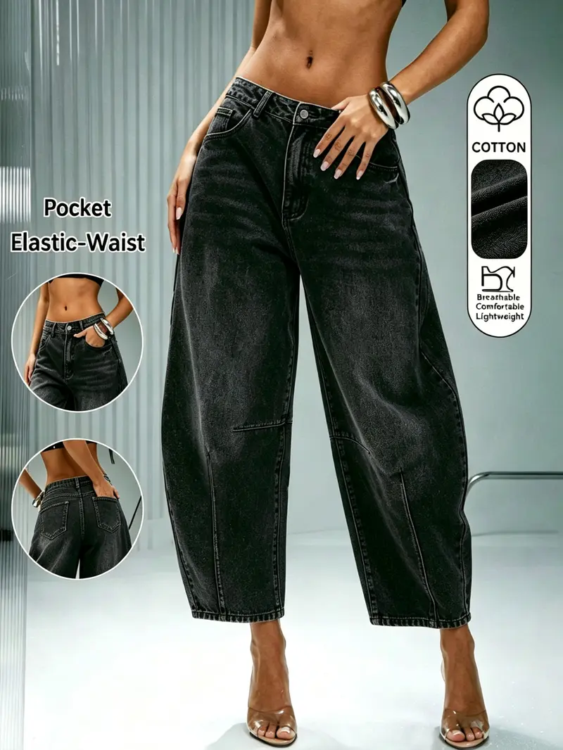 Women's Bucket Leg Washed Denim Jeans, Mid Waist Button Fly Capri Pants, Fall Fashion Loose Fit, Ankle Length with Pockets Women's Bucket Leg Washed Denim Jeans, Mid Waist Button Fly Capri Pants, Fall Fashion Loose Fit, Ankle Length with Pockets