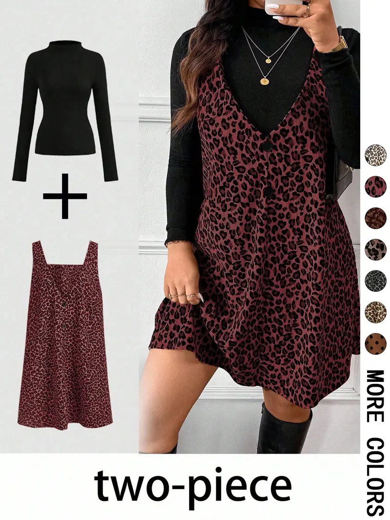 Women's High Neck Inner Layer + Leopard Print Strap Skirt Set, Casual Daily Spring Autumn Commuter, Two-Piece Ensemble, Top And Skirt Set