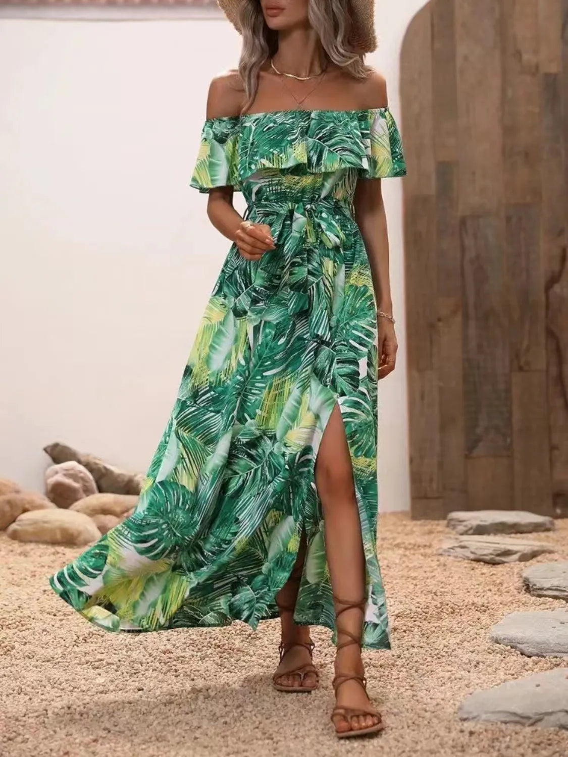Moonlit Ruffled Printed Off Shoulder Maxi Dress | 4 colors | Poundton-Tactilefable