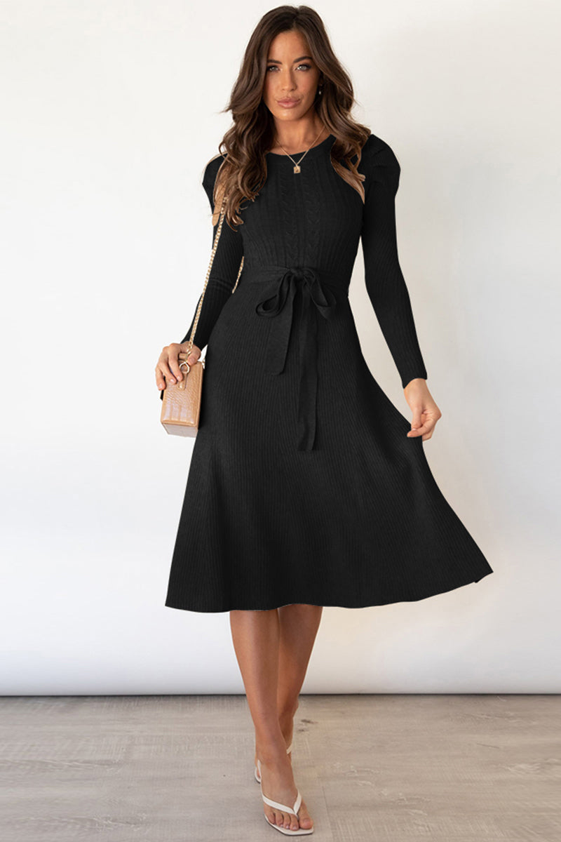 Daniela Round Neck Long Sleeve Tie Waist Sweater Dress | 5 Colors-Tactilefable
