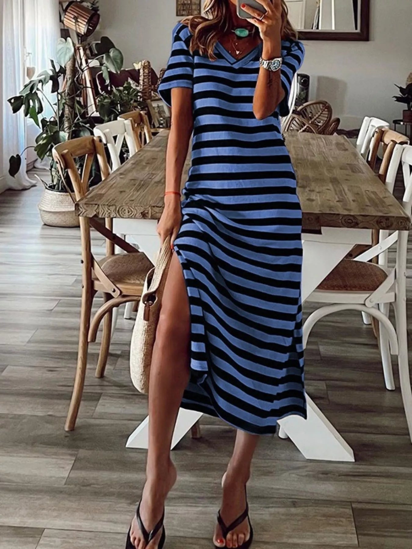 Vivian Striped V-Neck Midi T-shirt Dress with Side Slit | 4 Colors-Tactilefable