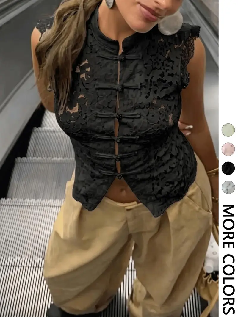 Women's Spring Summer Stand Collar Button Front Lace Vest, Floral Cut Out Hem, Lightweight Breathable Slim Fit, Casual Street Style Aesthetic Top, Fashion Vest Women's Spring Summer Stand Collar Button Front Lace Vest, Floral Cut Out Hem, Lightweight Breathable Slim Fit, Casual Street Style Aesthetic Top, Fashion Vest