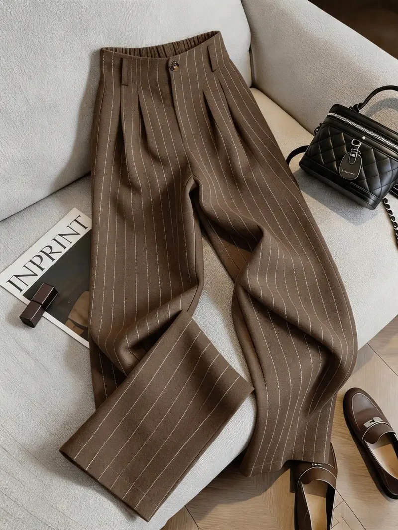 Women's Striped Suit Pants, High Waist Elastic Waist Conceal Hip Straight Leg Long Trousers, Business Casual Loose Fit for Work and Daily Wear