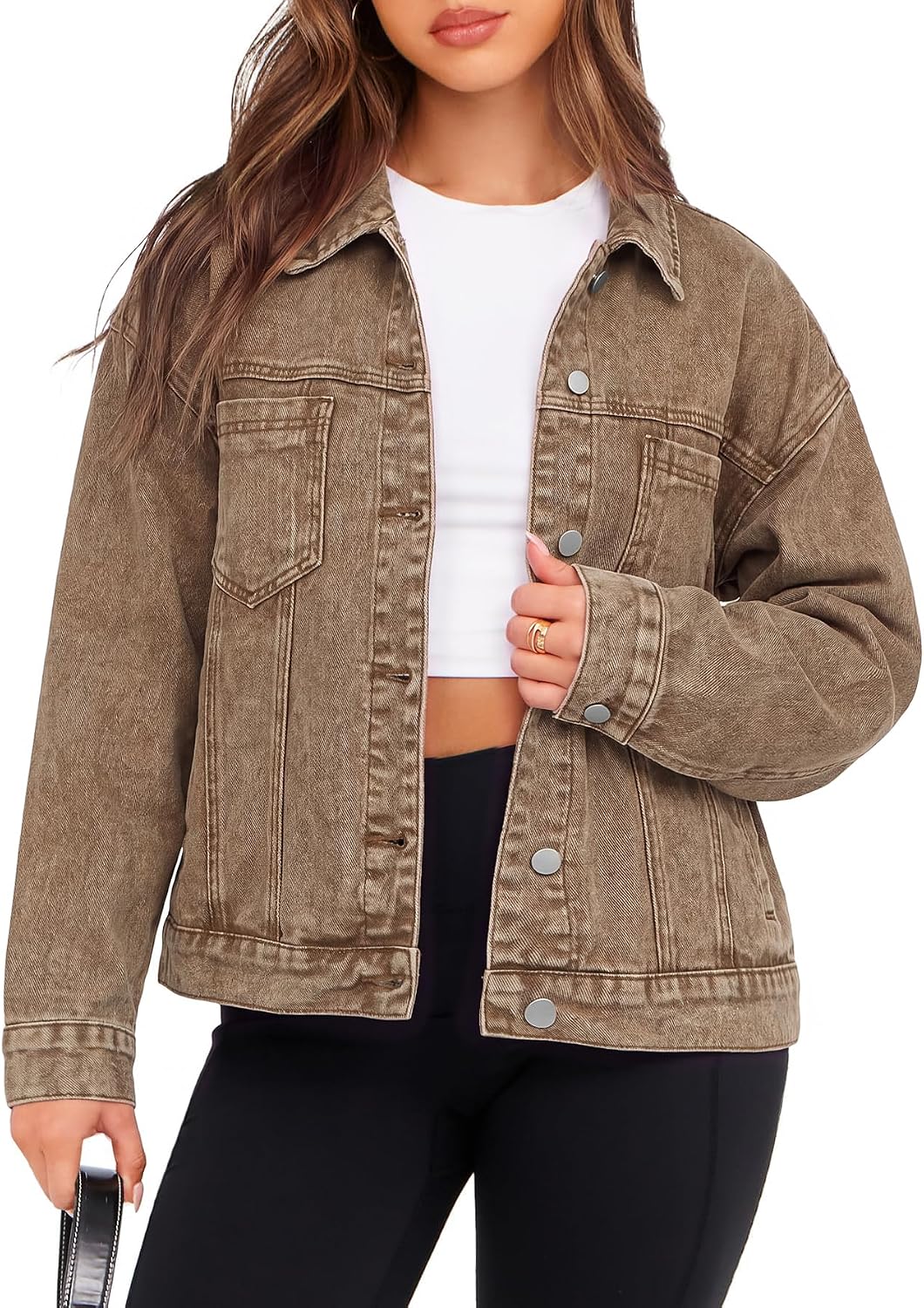 Womens Oversized Jean Jacket Casual Long Sleeve Button Down Denim Jacket Fall Coat-Tactilefable